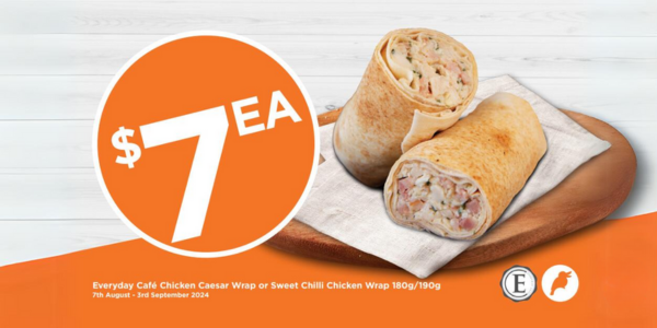 Everyday Café Chicken Caesar Wrap or Sweet Chilli Chicken Wrap for $7 each