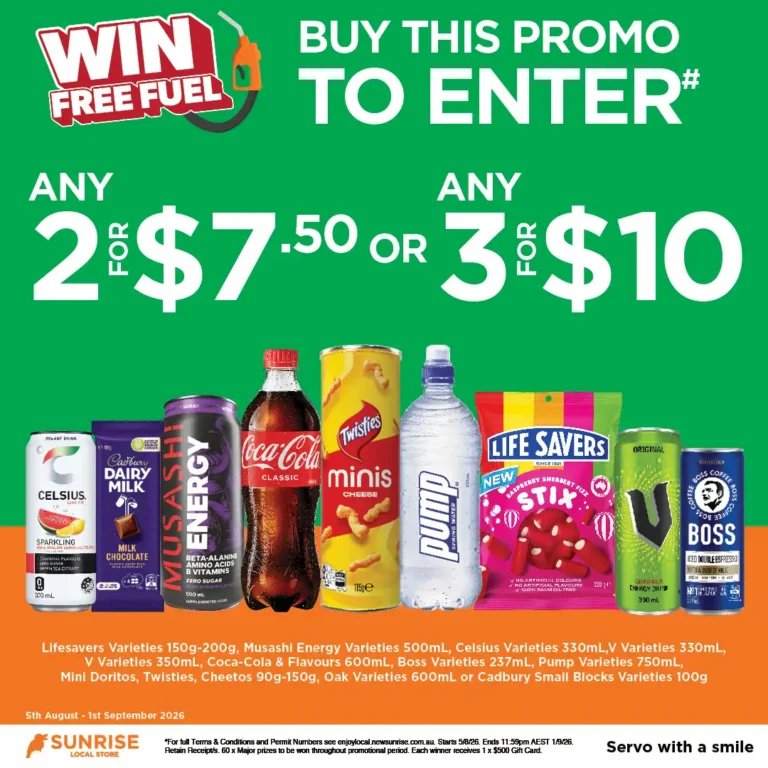 Coca-Cola, Twisties, Pump, Life Savers, V Energy, Boss Coffee, Musashi, Celsius · deal 2 for $7.50 or 3 for $10
