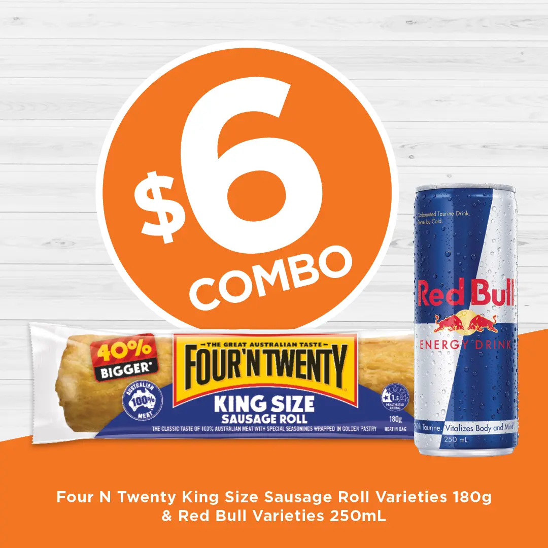 Four N Twenty King Size Sausage Roll Varieties 180g & Red Bull Varieties 250mL Four N Twenty King Size Sausage Roll Varieties 180g & Red Bull Varieties 250mL