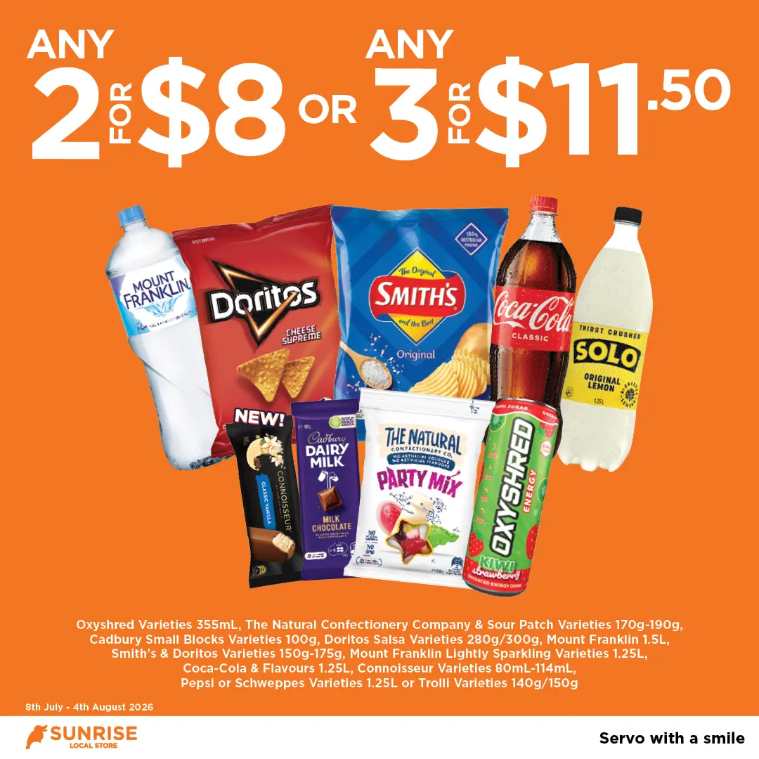 2 for $8 or 3 or $11.50 mixed snacks drinks 2 for $8 or 3 or $11.50 mixed snacks drinks
