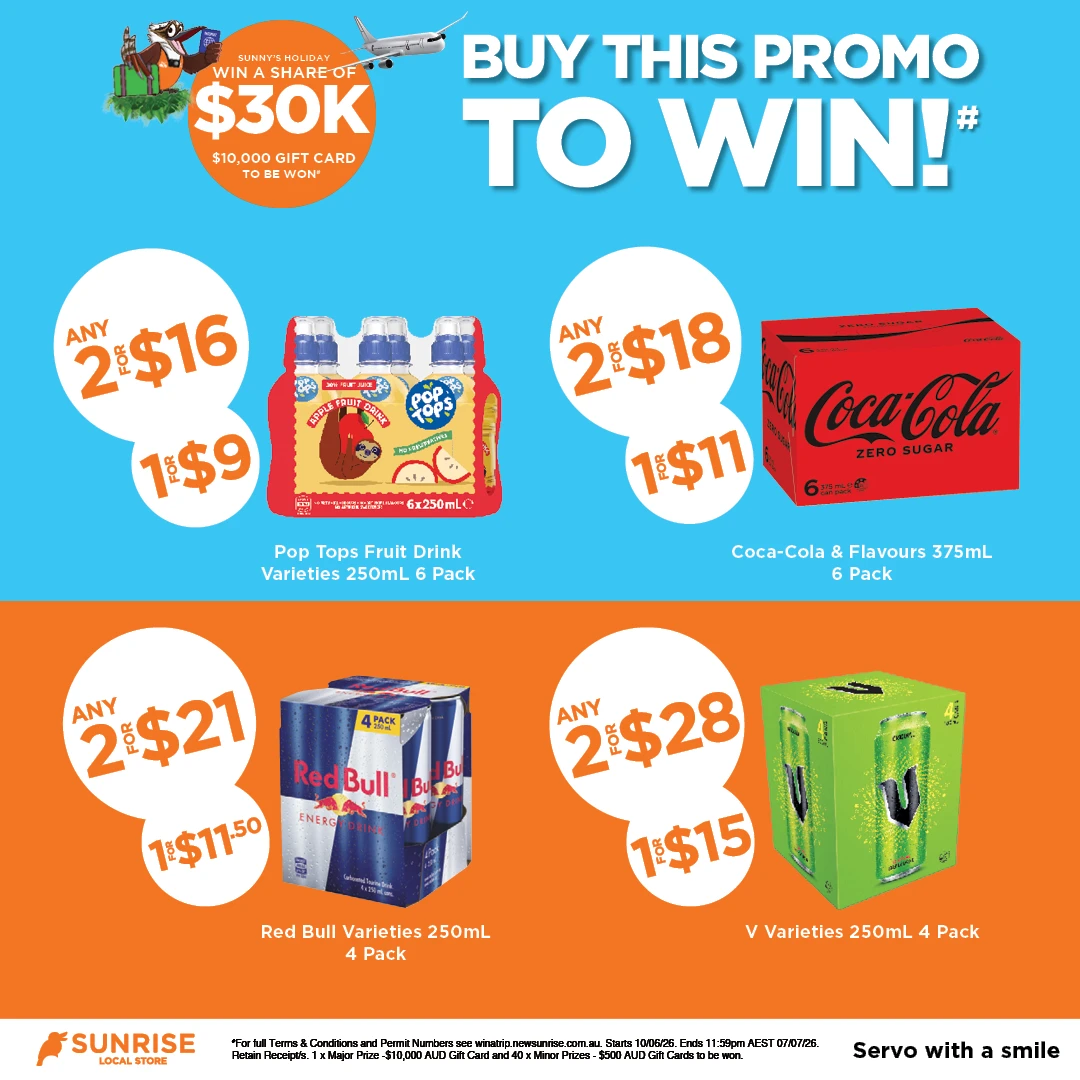 Pop Tops Fruit Drink Varieties 250mL 6 Pack, Coca-Cola & Flavours 375mL 6 Packs, Red Bull Varieties 250mL 4 Pack, V Varieties 250mL 4 Pack Pop Tops Fruit Drink Varieties 250mL 6 Pack, Coca-Cola & Flavours 375mL 6 Packs, Red Bull Varieties 250mL 4 Pack, V Varieties 250mL 4 Pack