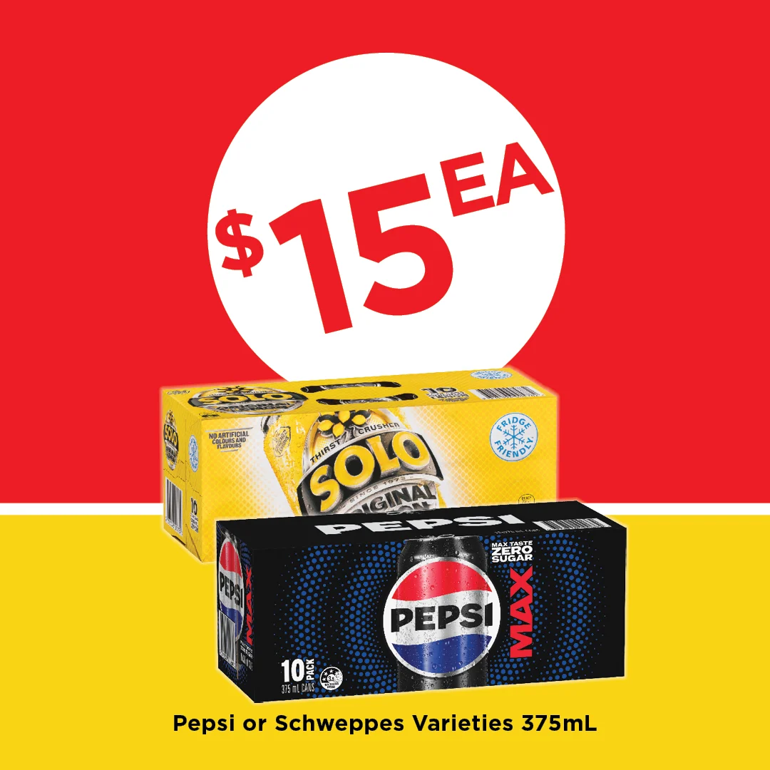 Pepsi or Schweppes Varieties 375mL 10 Pack Pepsi or Schweppes Varieties 375mL 10 Pack