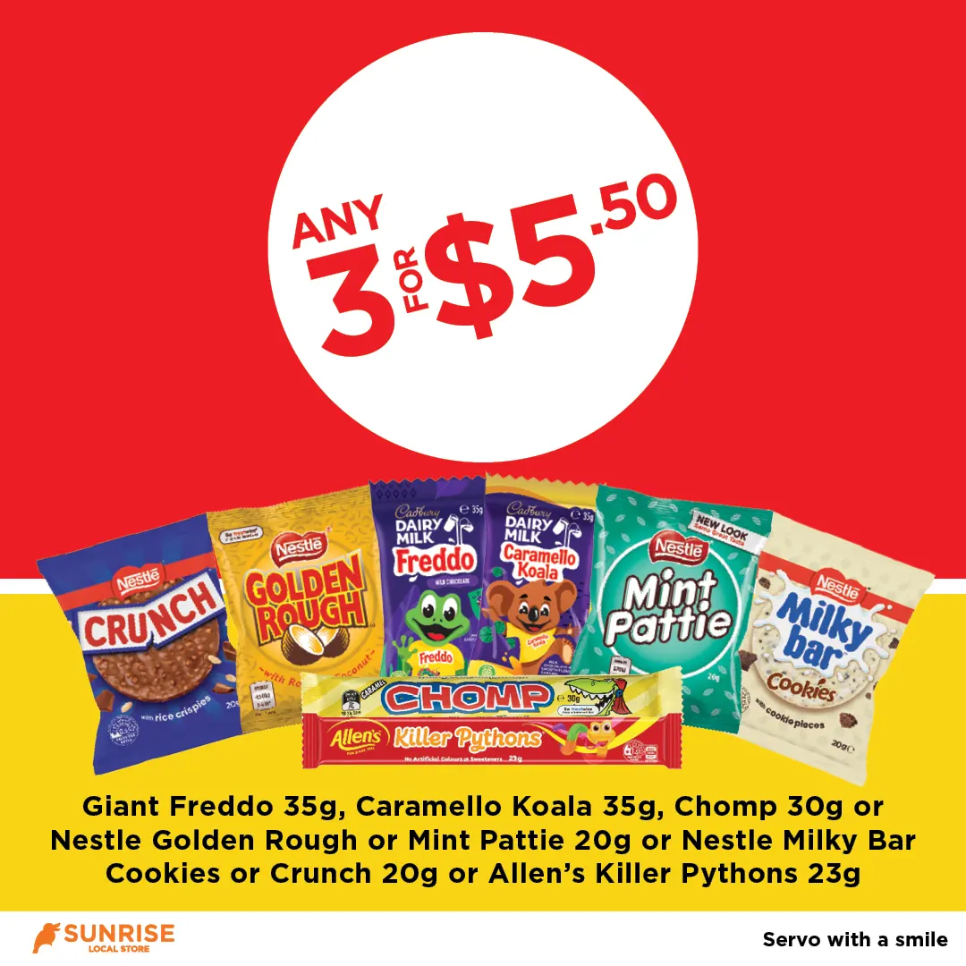Giant Freddo 35g, Caramello Koala 35g, Chomp 30g or Nestle Golden Rough or Mint Pattie 20g, etc Giant Freddo 35g, Caramello Koala 35g, Chomp 30g or Nestle Golden Rough or Mint Pattie 20g, etc