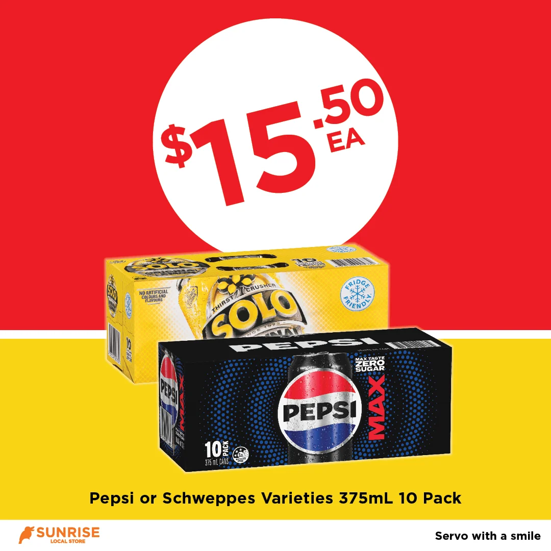 Pepsi or Schweppes Varieties 375mL 10 Pack Pepsi or Schweppes Varieties 375mL 10 Pack